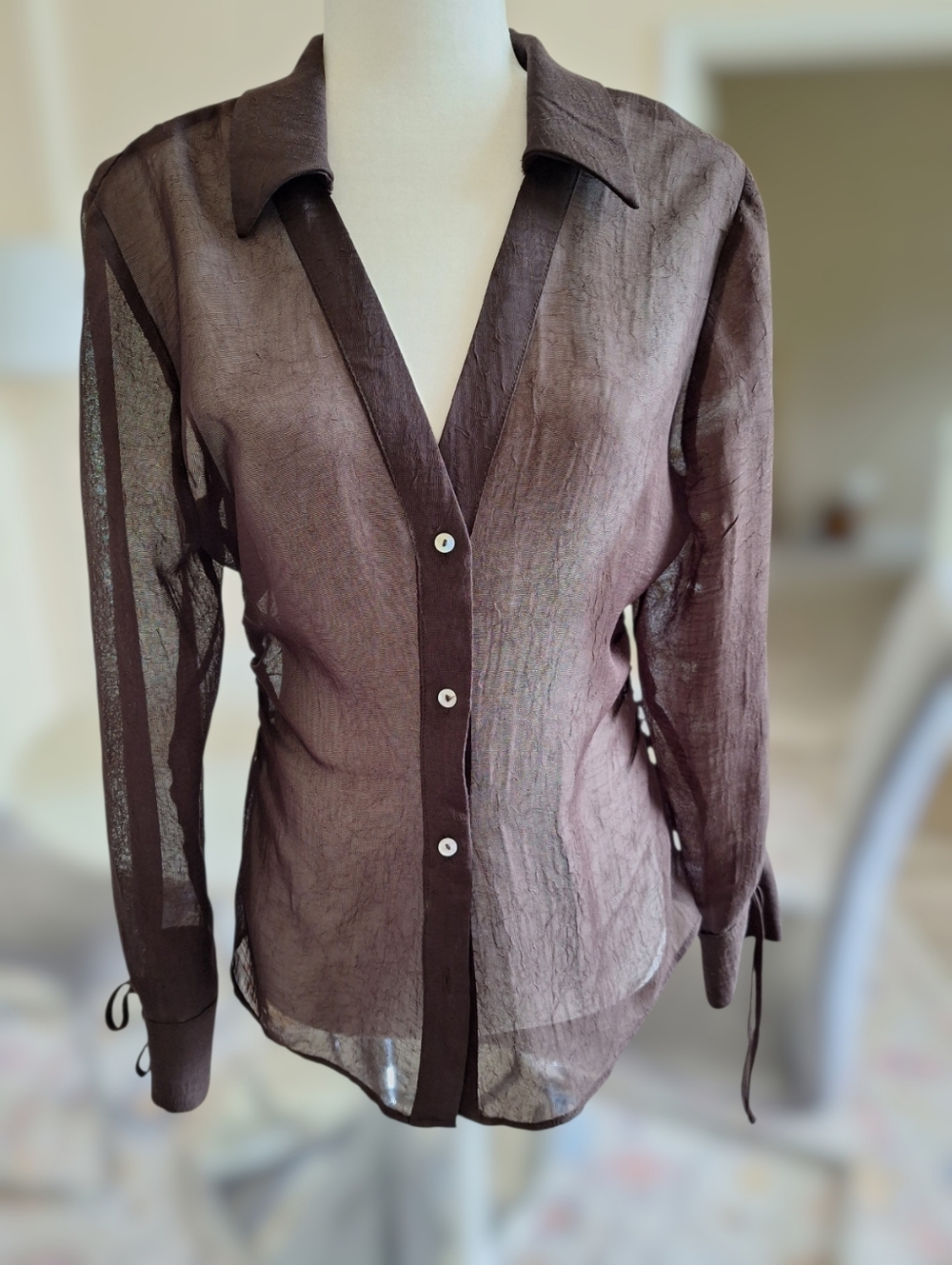 ZARA Sheer Brown Button-Front Women's Top Size M